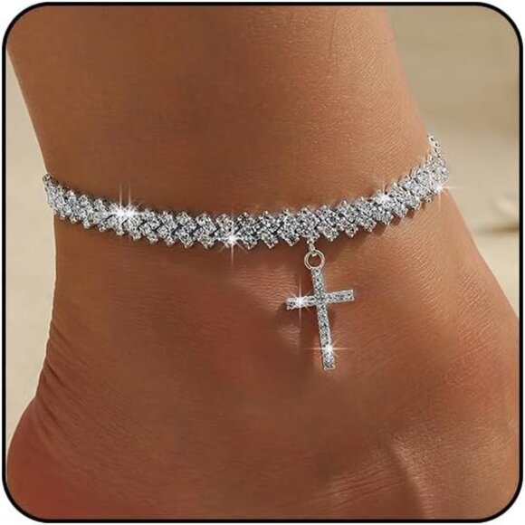 Cross Anklets - Silver Waterproof Diamond Rhinestone for Women - Picture 1 of 7